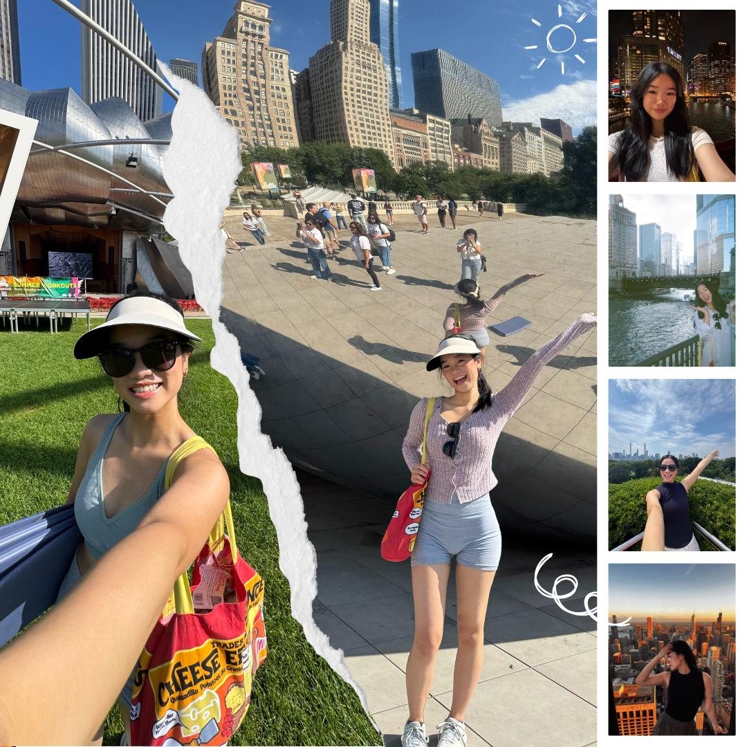 Collage of solo travel photos around a city skyline